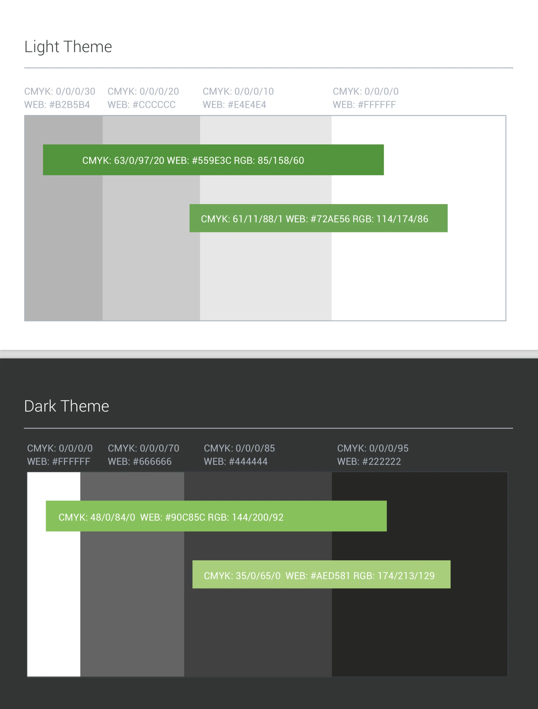 Brand guideline spread showing light and dark theme usage