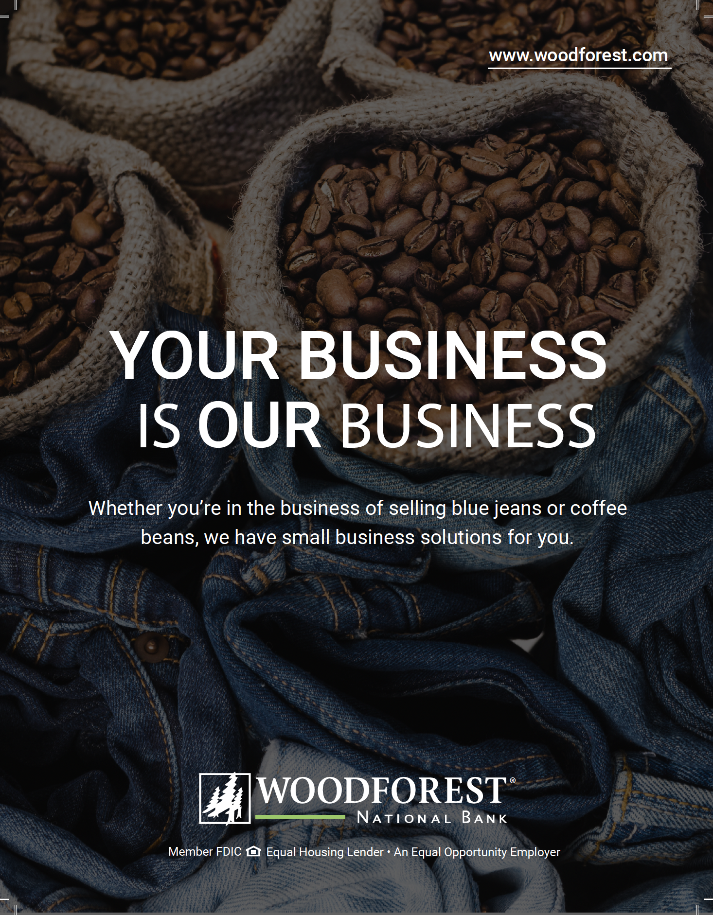 Print brochure cover reading 'Your Business is Our Business' with Woodforest branding